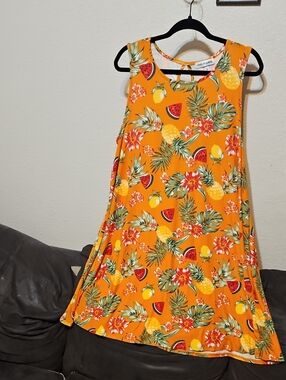 Tropical Fruit Print Midi Dress - Orange